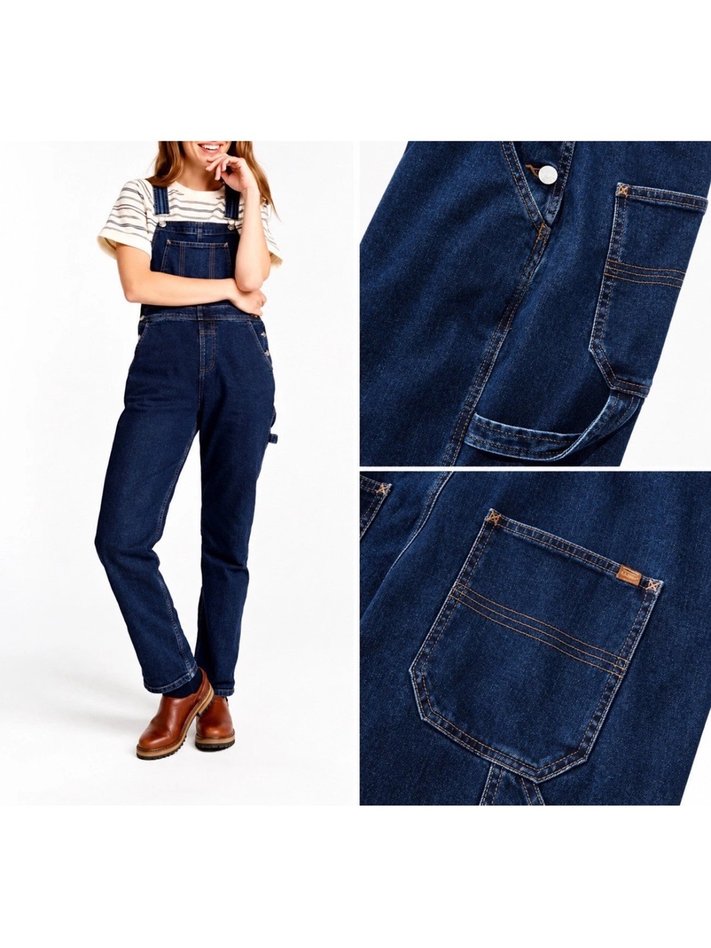 LL Bean Denim Carpenter Overalls Women's M Dark Wash Relaxed Fit 30" Insm 517884